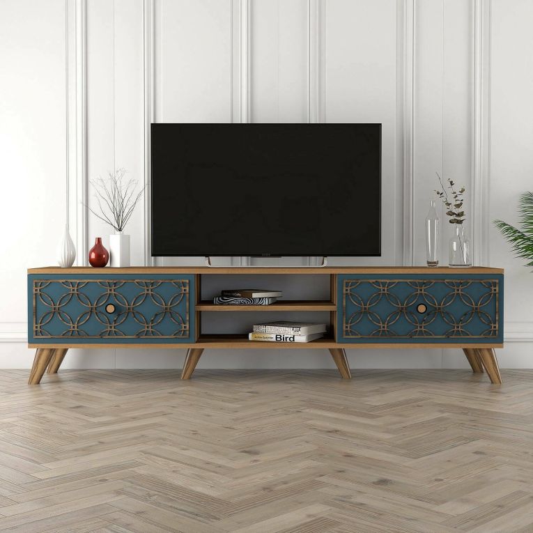 Mobile porta TV Atlux, Credenza da soggiorno, Armadio basso per TV, Base parete attrezzata, 180x35 h44 cm, Noce e Blu