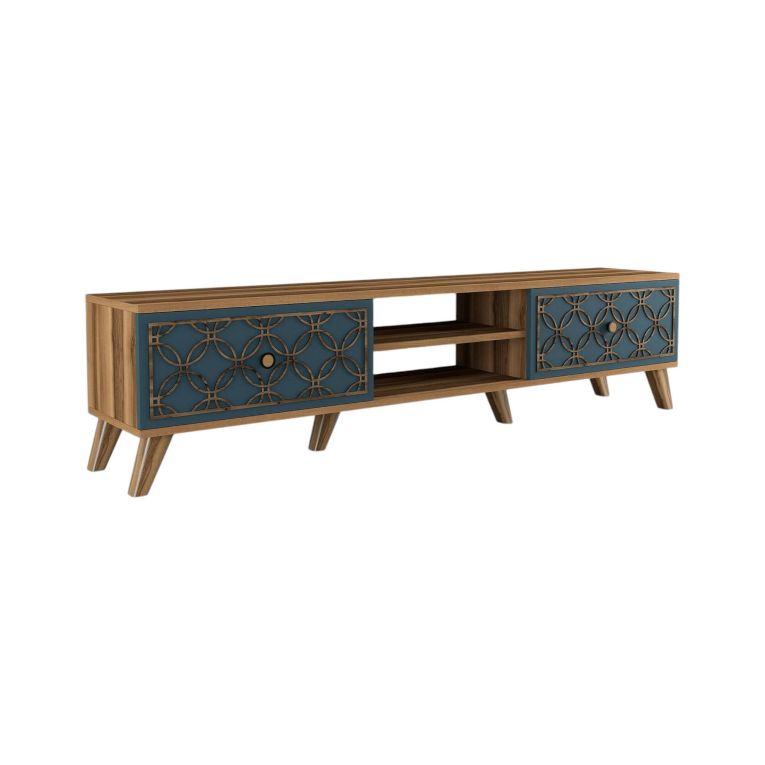 Mobile porta TV Atlux, Credenza da soggiorno, Armadio basso per TV, Base parete attrezzata, 180x35 h44 cm, Noce e Blu
