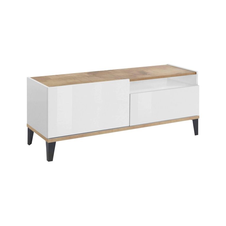 Mobile porta TV Atris, cm 120x40h47, Bianco lucido e Acero