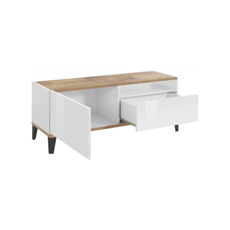 Mobile porta TV Atris, cm 120x40h47, Bianco lucido e Acero