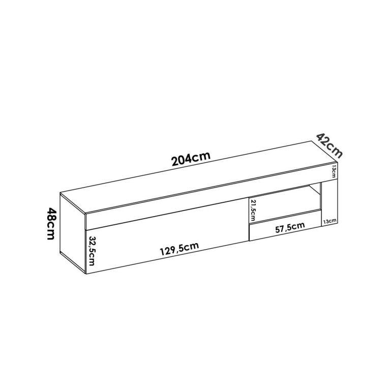 Mobile porta TV Averau, Credenza bassa da soggiorno, Madia da salotto per televisione, 204x42h48 cm, Rovere e Bianco lucido