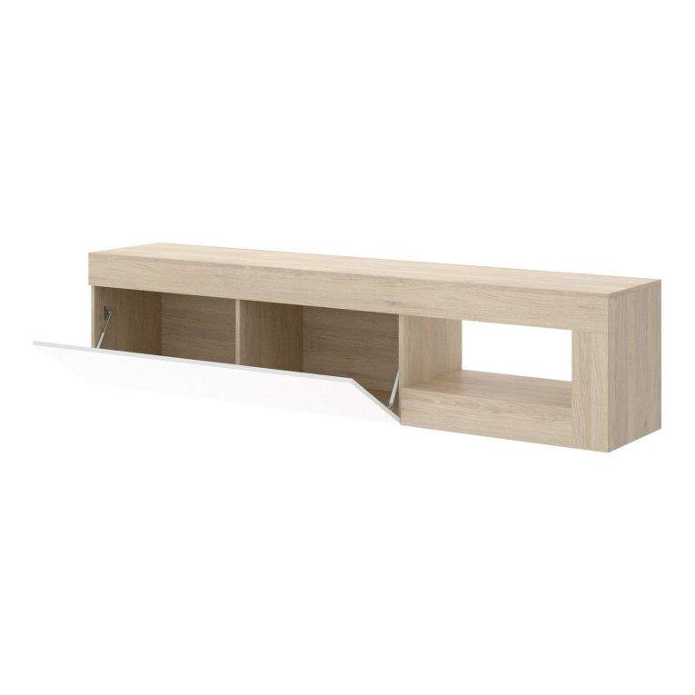 Mobile porta TV Averau, Credenza bassa da soggiorno, Madia da salotto per televisione, 204x42h48 cm, Rovere e Bianco lucido