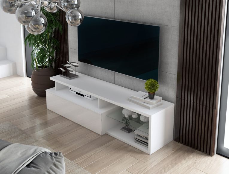 Mobile porta TV Baltico, Credenza da soggiorno, Armadio basso per TV, Base parete attrezzata, 160x38h41 cm, Bianco e Bianco lucido