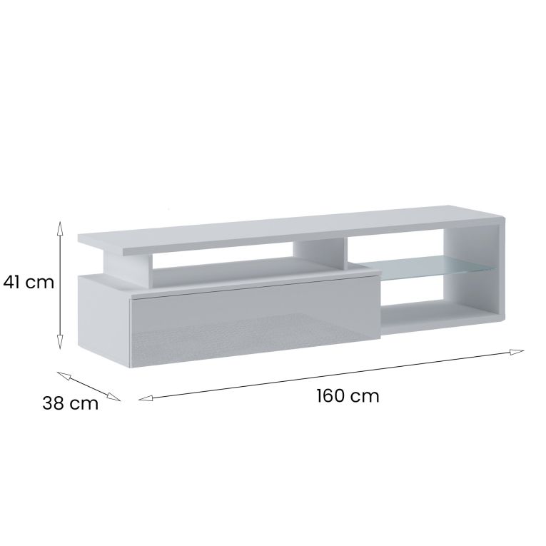 Mobile porta TV Baltico, Credenza da soggiorno, Armadio basso per TV, Base parete attrezzata, 160x38h41 cm, Bianco e Bianco lucido