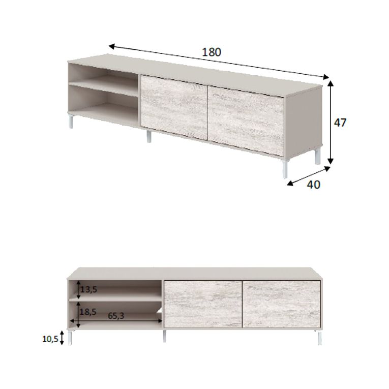 Mobile Porta tv Beige Bianco Anticato Cassetti un Ripiano 180x40x47h cm, 2 Ante - Nociglia