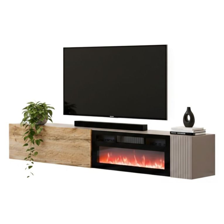 Mobile Porta tv Beige Cashmere Marrone Rovere Modulabile un Ripiano 200x30x31h cm, 2 Ante - Sindia