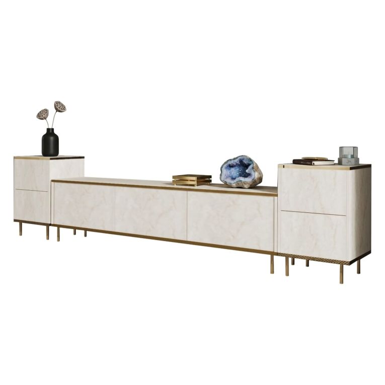 Mobile Porta tv Beige Marmo 2 Ripiani Apertura a Ribalta 260x35x45h cm, 5 Ante - Cortin