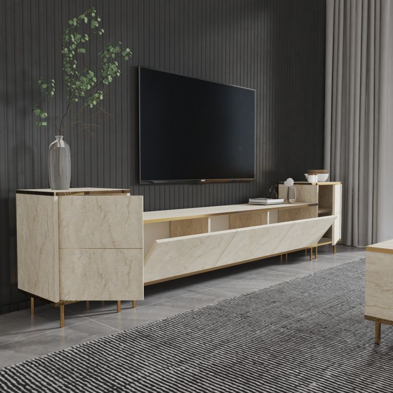 Mobile Porta tv Beige Marmo 2 Ripiani Apertura a Ribalta 260x35x45h cm, 5 Ante - Cortin