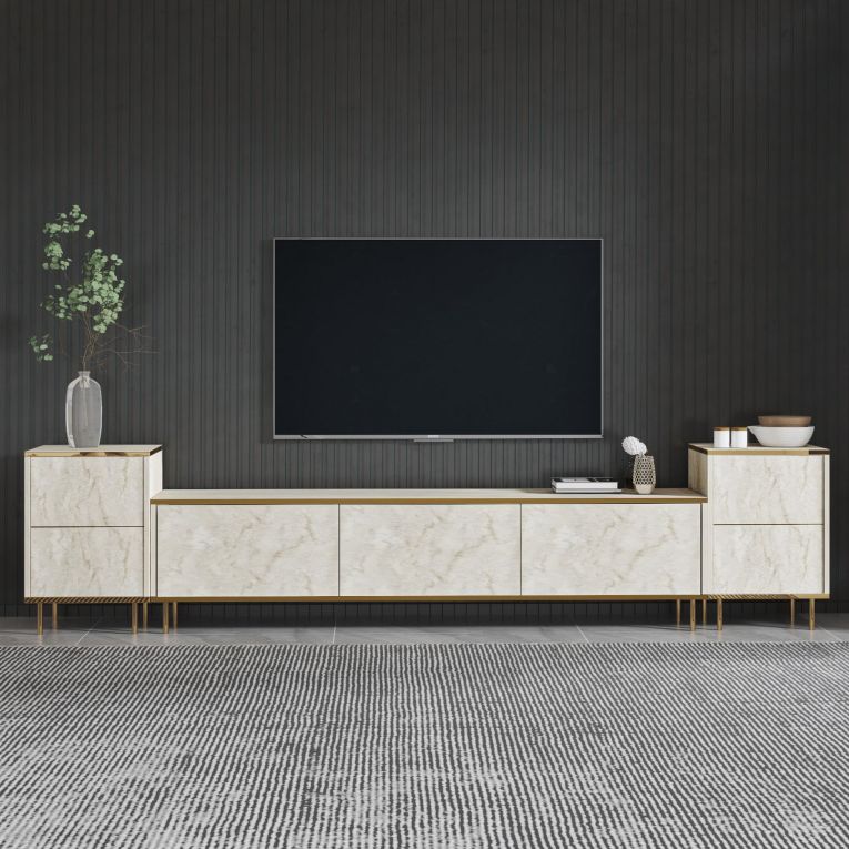Mobile Porta tv Beige Marmo 2 Ripiani Apertura a Ribalta 260x35x45h cm, 5 Ante - Cortin