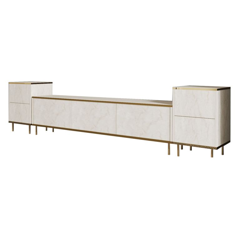 Mobile Porta tv Beige Marmo 2 Ripiani Apertura a Ribalta 260x35x45h cm, 5 Ante - Cortin
