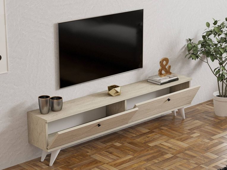 Mobile Porta tv Beige Marmo 2 Vani 2 Ante 160x25x40h cm, Apertura a Ribalta - Atestino