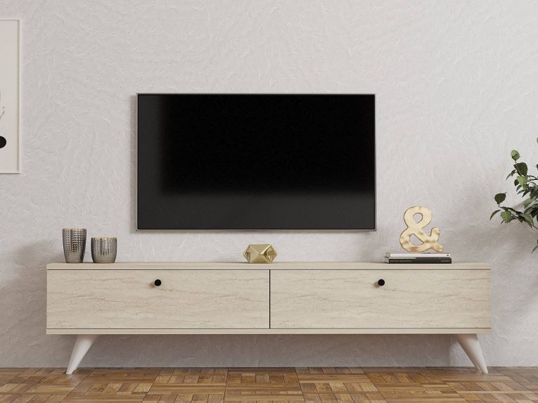 Mobile Porta tv Beige Marmo 2 Vani 2 Ante 160x25x40h cm, Apertura a Ribalta - Atestino