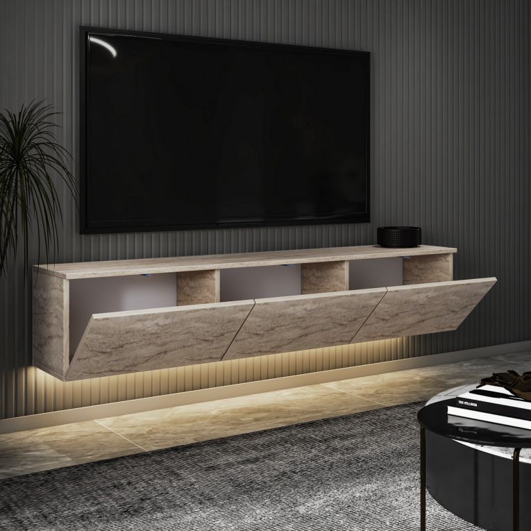 Mobile Porta tv Beige Marmo 3 Vani 3 Ante 160x32x35h cm, Apertura a Ribalta - Carosino