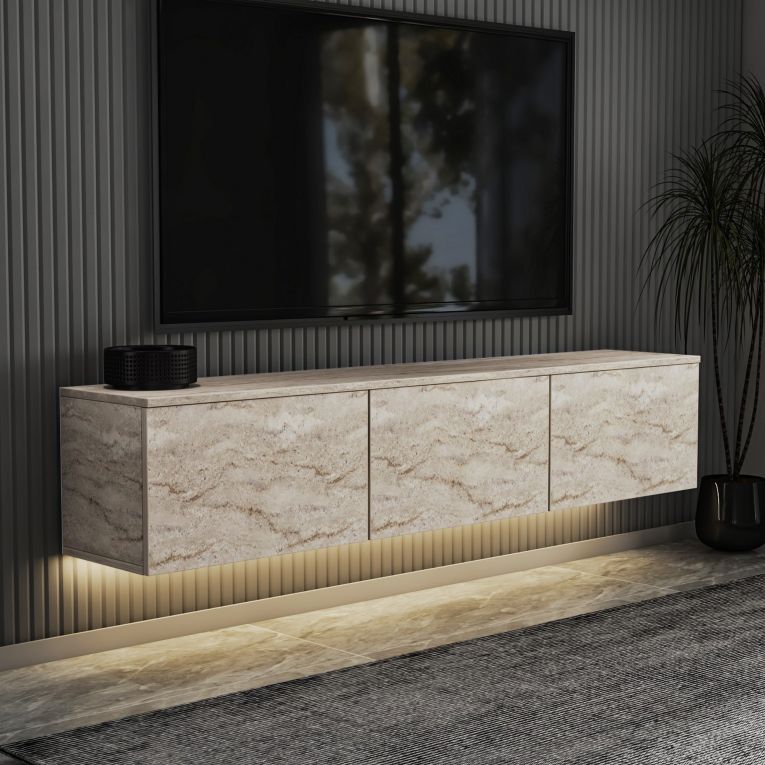 Mobile Porta tv Beige Marmo 3 Vani 3 Ante 160x32x35h cm, Apertura a Ribalta - Carosino