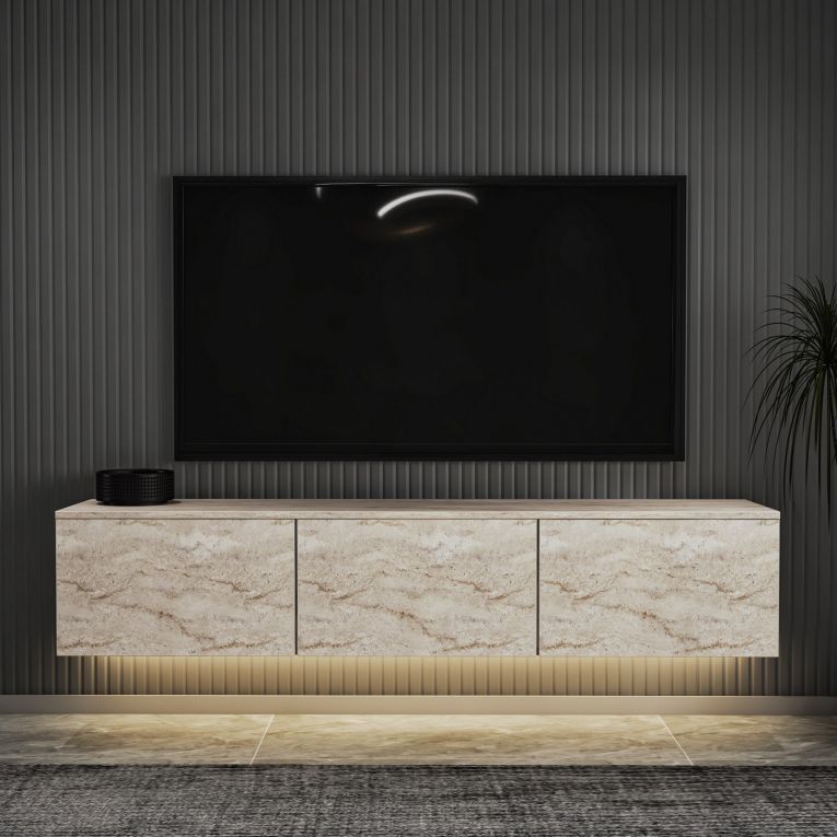 Mobile Porta tv Beige Marmo 3 Vani 3 Ante 160x32x35h cm, Apertura a Ribalta - Carosino