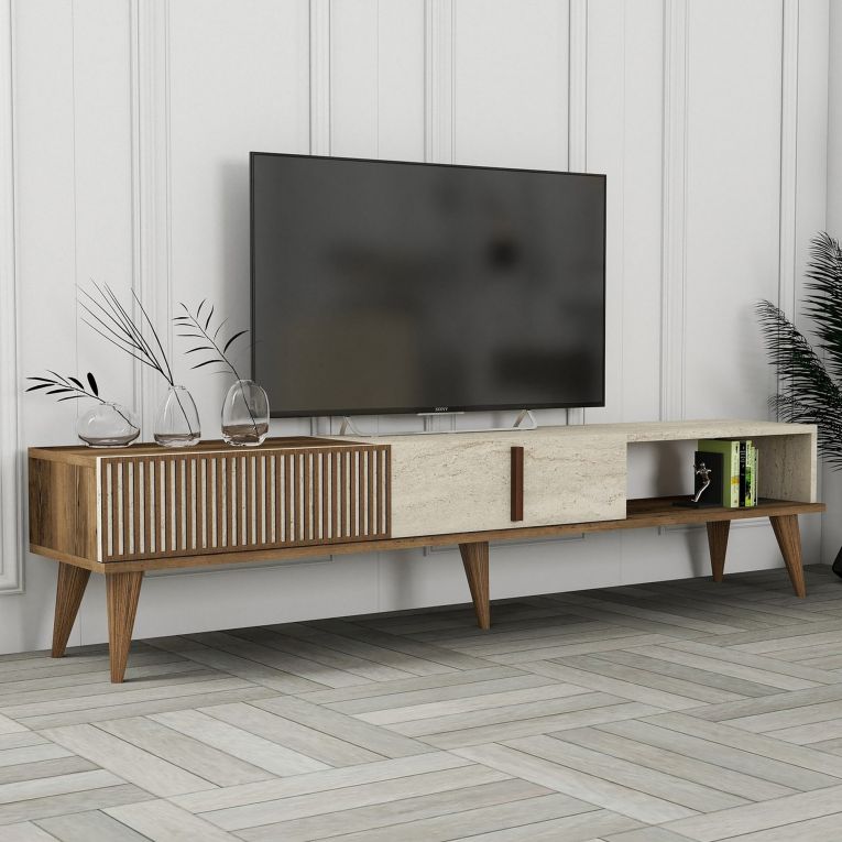 Mobile Porta tv Beige Marmo Marrone Noce 2 Ante Apertura a Ribalta 180x35x40h cm, 3 Vani - Sicoli