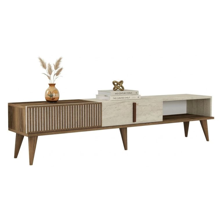 Mobile Porta tv Beige Marmo Marrone Noce 2 Ante Apertura a Ribalta 180x35x40h cm, 3 Vani - Sicoli