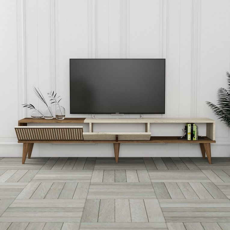 Mobile Porta tv Beige Marmo Marrone Noce 2 Ante Apertura a Ribalta 180x35x40h cm, 3 Vani - Sicoli