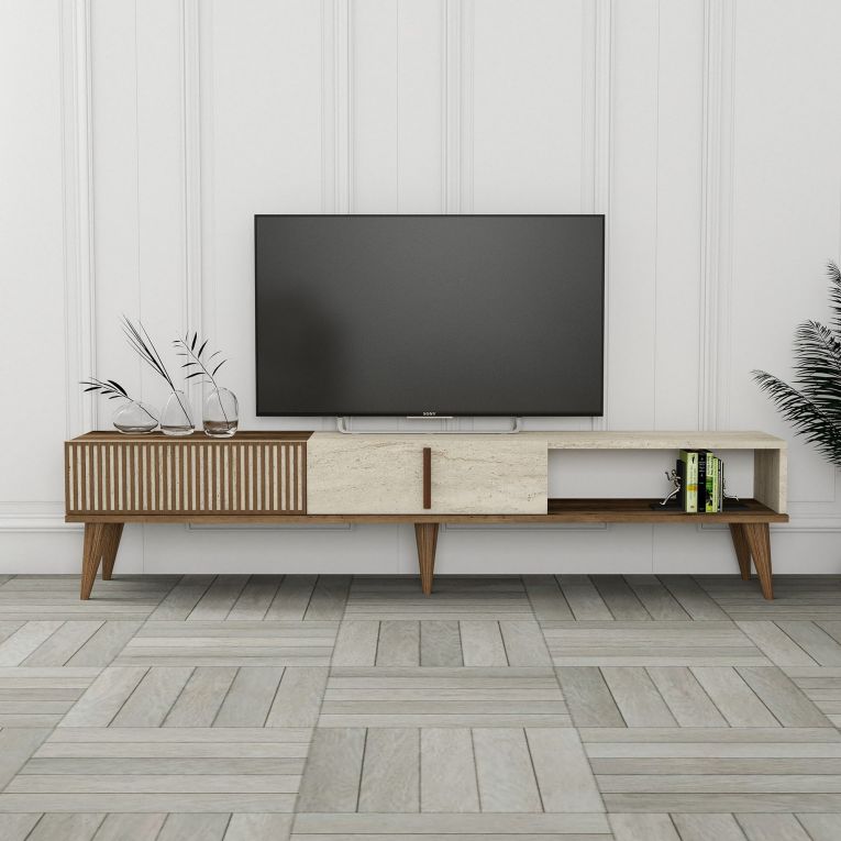 Mobile Porta tv Beige Marmo Marrone Noce 2 Ante Apertura a Ribalta 180x35x40h cm, 3 Vani - Sicoli
