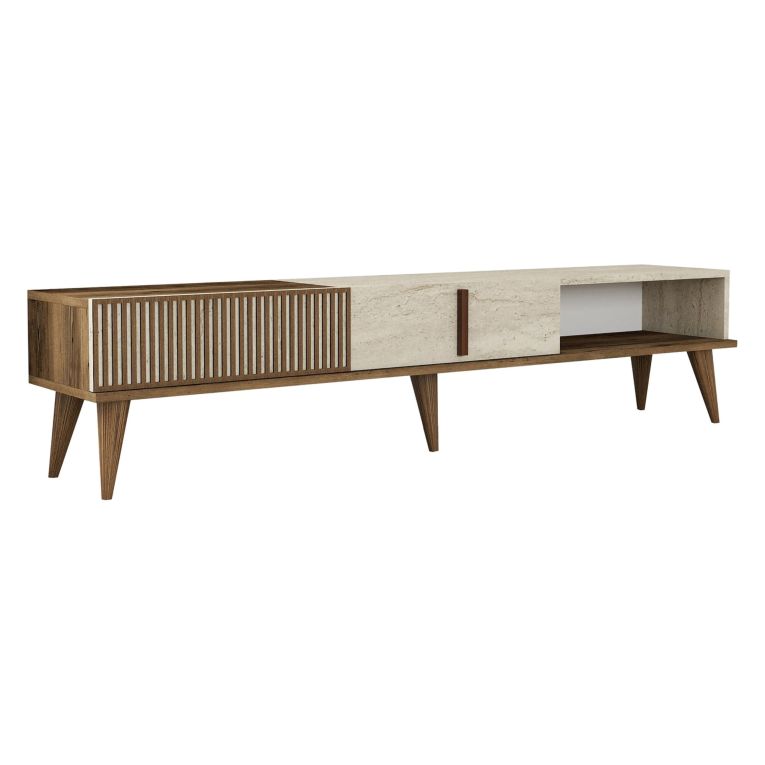 Mobile Porta tv Beige Marmo Marrone Noce 2 Ante Apertura a Ribalta 180x35x40h cm, 3 Vani - Sicoli