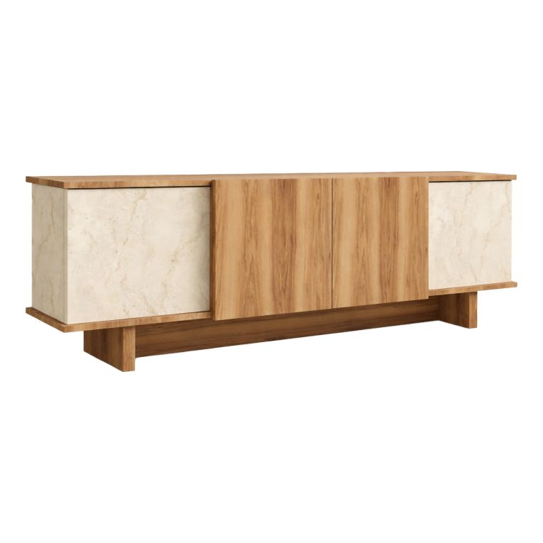 Mobile Porta tv Beige Marmo Marrone Rovere un Ripiano 4 Ante 180x33x50h cm, 4 Vani - Clusone