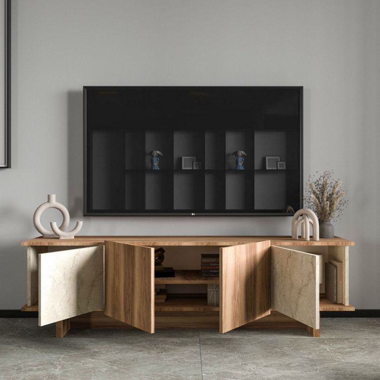 Mobile Porta tv Beige Marmo Marrone Rovere un Ripiano 4 Ante 180x33x50h cm, 4 Vani - Clusone