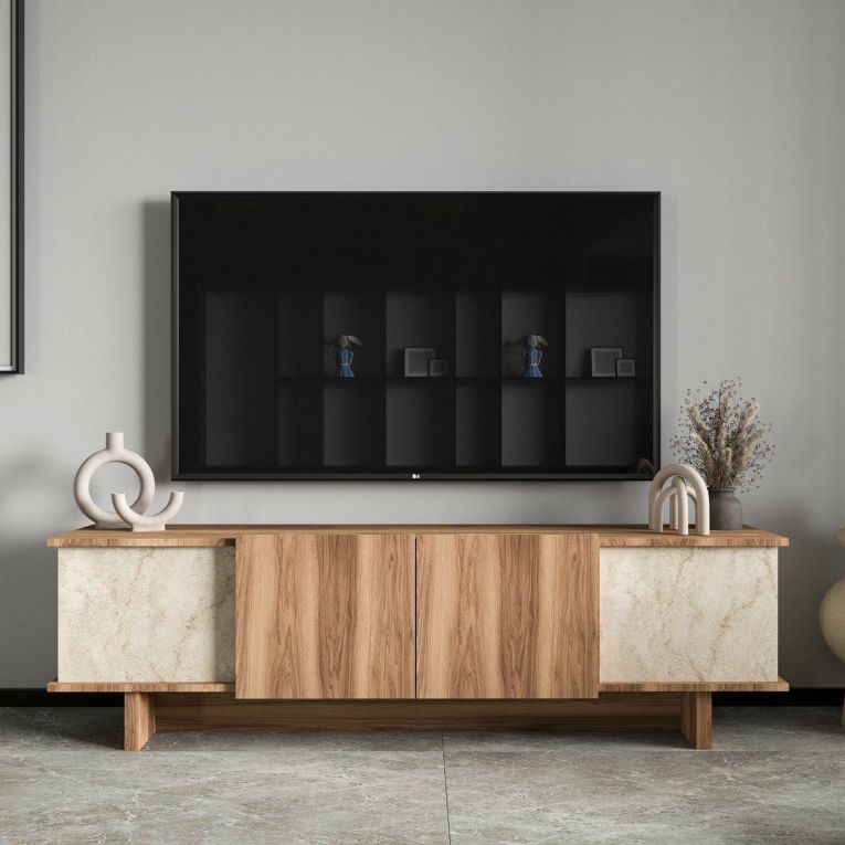 Mobile Porta tv Beige Marmo Marrone Rovere un Ripiano 4 Ante 180x33x50h cm, 4 Vani - Clusone