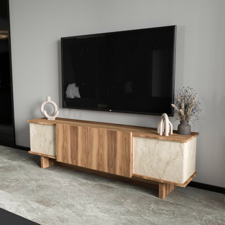 Mobile Porta tv Beige Marmo Marrone Rovere un Ripiano 4 Ante 180x33x50h cm, 4 Vani - Clusone