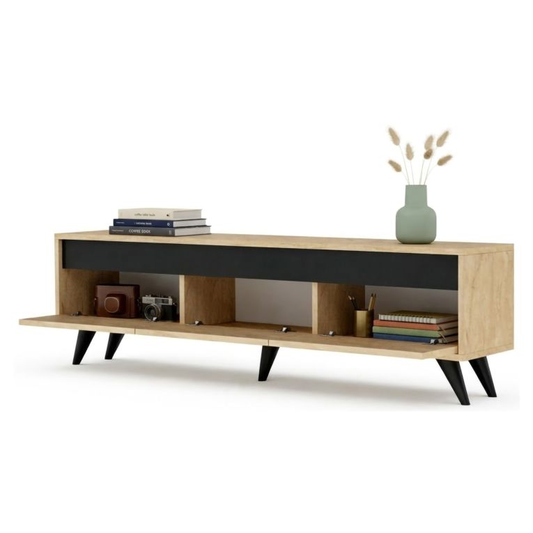 Mobile Porta tv Beige Marmo Nero Antracite 3 Ante Apertura a Ribalta 150x30x45h cm, 3 Vani - Reatino