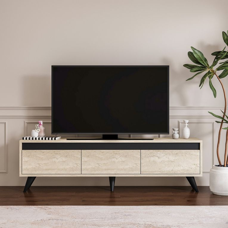 Mobile Porta tv Beige Marmo Nero Antracite 3 Ante Apertura a Ribalta 150x30x45h cm, 3 Vani - Reatino