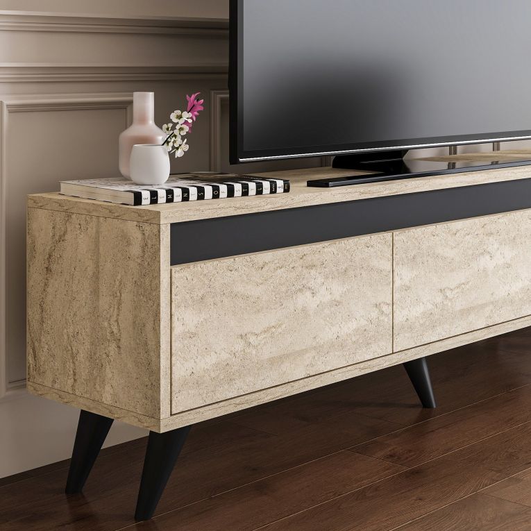 Mobile Porta tv Beige Marmo Nero Antracite 3 Ante Apertura a Ribalta 150x30x45h cm, 3 Vani - Reatino