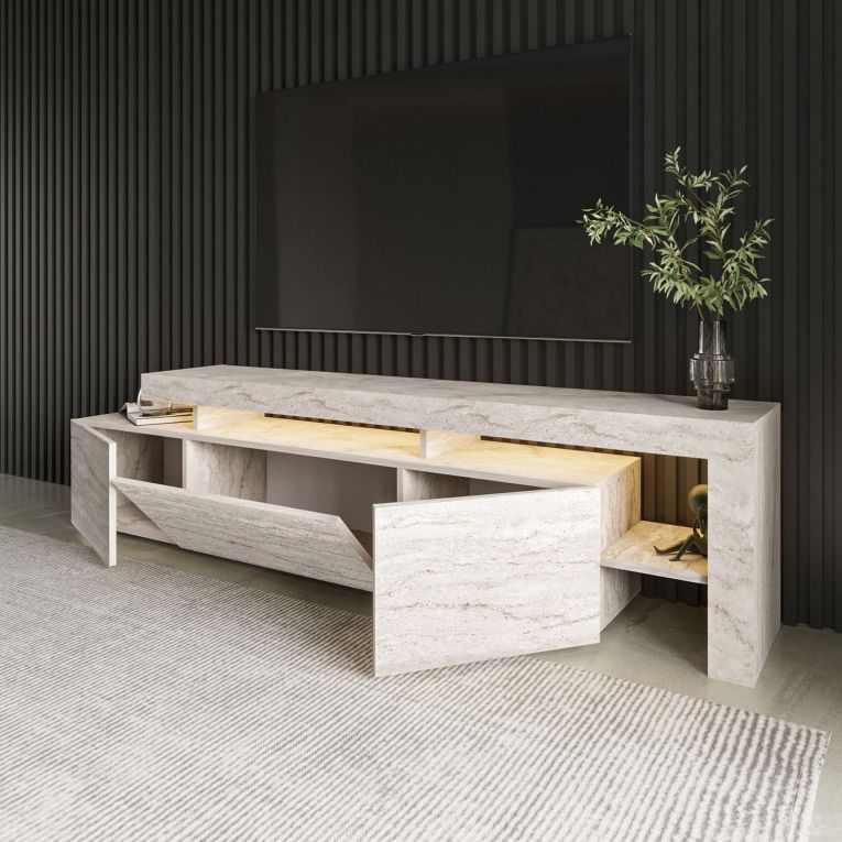 Mobile Porta tv Beige Marmo un Ripiano Apertura Battente, a Ribalta 192x37x53h cm, 3 Ante - Trasacco