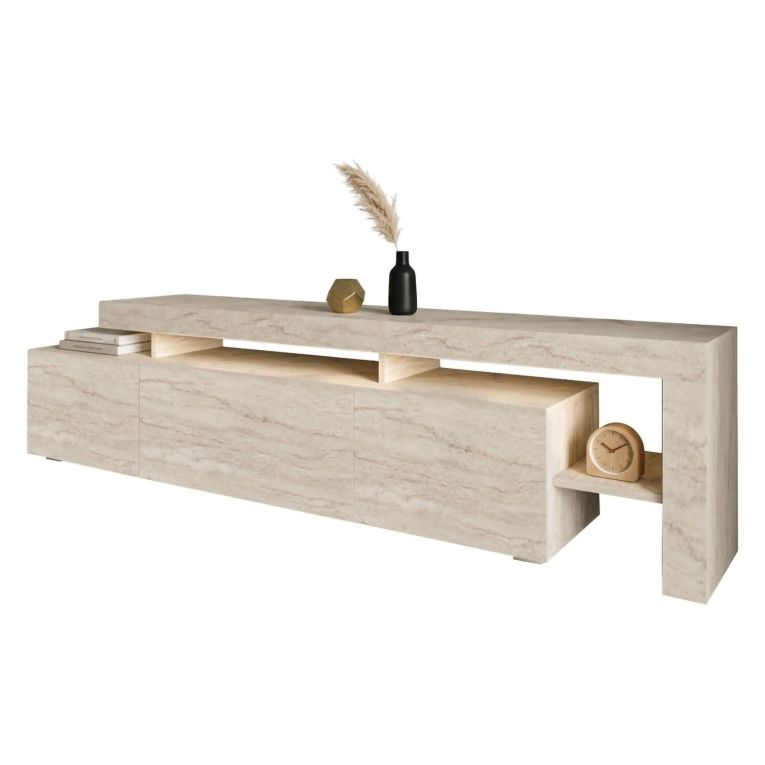 Mobile Porta tv Beige Marmo un Ripiano Apertura Battente, a Ribalta 192x37x53h cm, 3 Ante - Trasacco