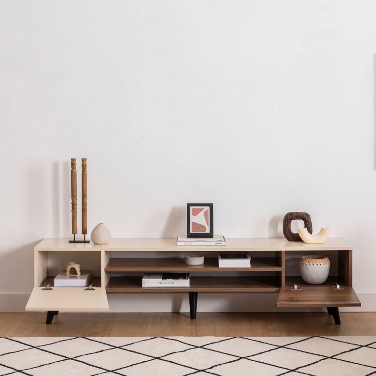 Mobile Porta tv Beige Marrone Noce un Ripiano 4 Vani 180x37x45h cm, 2 Ante - Lei