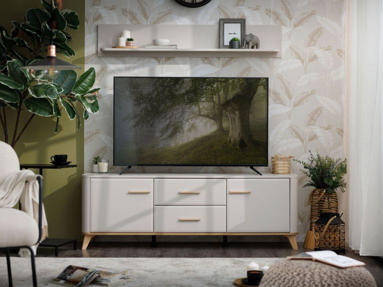 Mobile Porta tv Beige Marrone Rovere 2 Cassetti un Ripiano 154x40x52.5h cm, 2 Ante - Terento