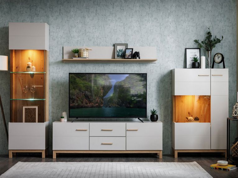 Mobile Porta tv Beige Marrone Rovere 2 Cassetti un Ripiano 154x41.5x50.5h cm, 2 Ante - Paduli