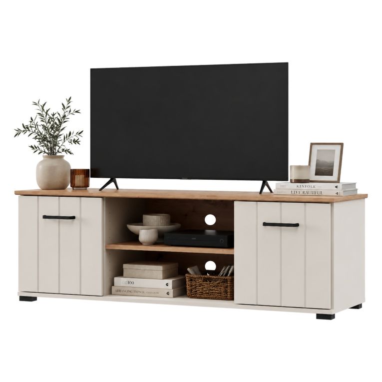 Mobile Porta tv Beige Marrone Rovere 2 Ripiani 2 Ante 137x40x44h cm, Ante Effetto Rigato - Valda
