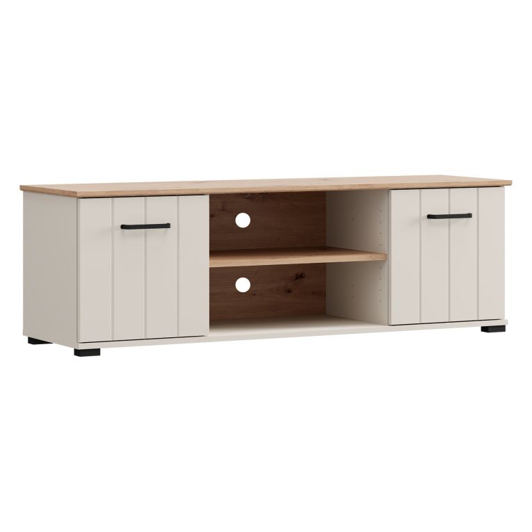 Mobile Porta tv Beige Marrone Rovere 2 Ripiani 2 Ante 137x40x44h cm, Ante Effetto Rigato - Valda