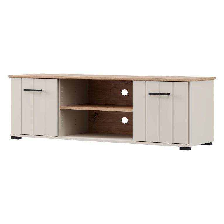 Mobile Porta tv Beige Marrone Rovere 2 Ripiani 2 Ante 137x40x44h cm, Ante Effetto Rigato - Valda