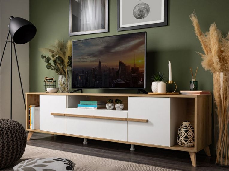 Mobile Porta tv Beige Marrone Rovere Nodi un Cassetto 4 Ripiani 189x40x52h cm, 2 Ante - Cavour