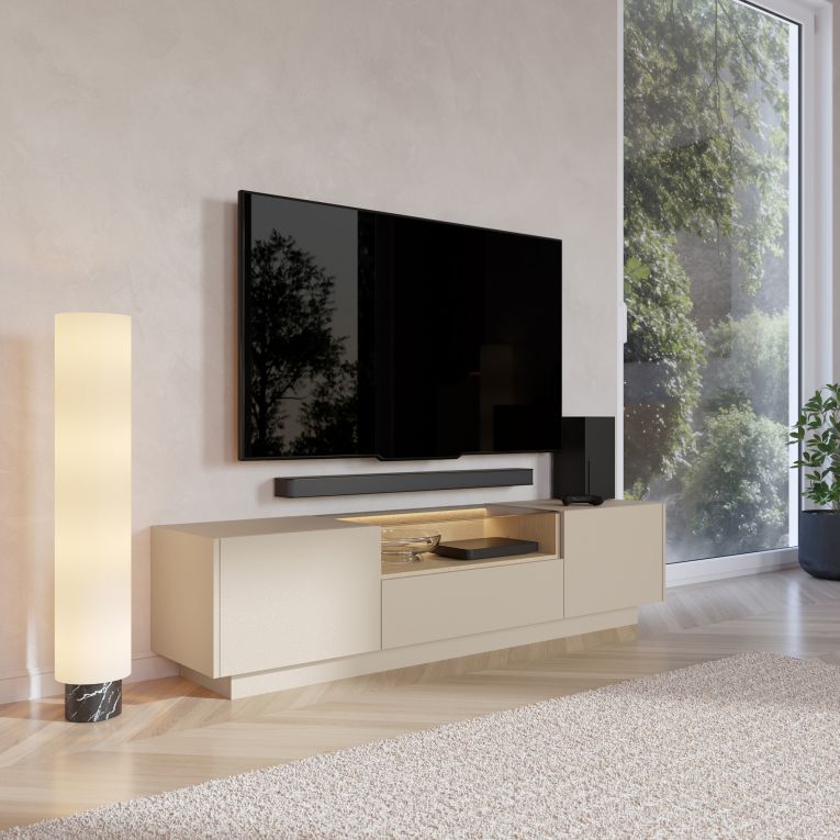 Mobile Porta tv Beige Marrone Rovere un Cassetto 2 Ripiani 176x40x43h cm, 2 Ante - Kakaha