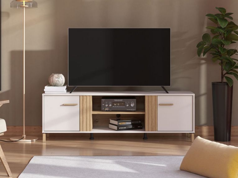 Mobile Porta tv Beige Marrone Rovere un Ripiano 2 Ante 163.5x40x52h cm, 4 Vani - Lauco