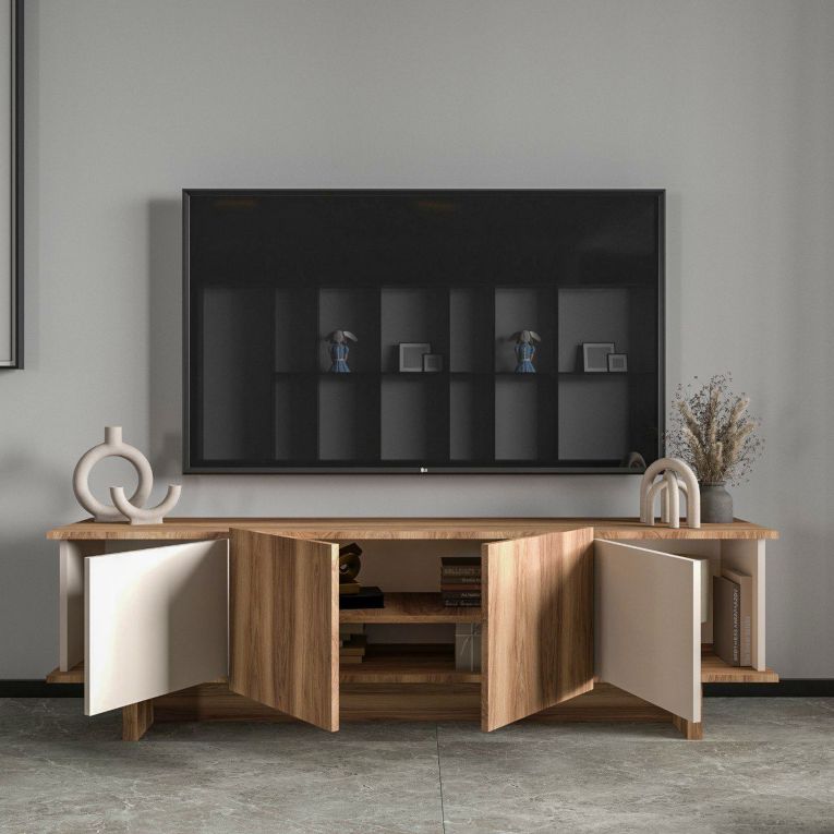 Mobile Porta tv Beige Marrone Rovere un Ripiano 4 Vani 180x33x50h cm, 4 Ante - Clusone