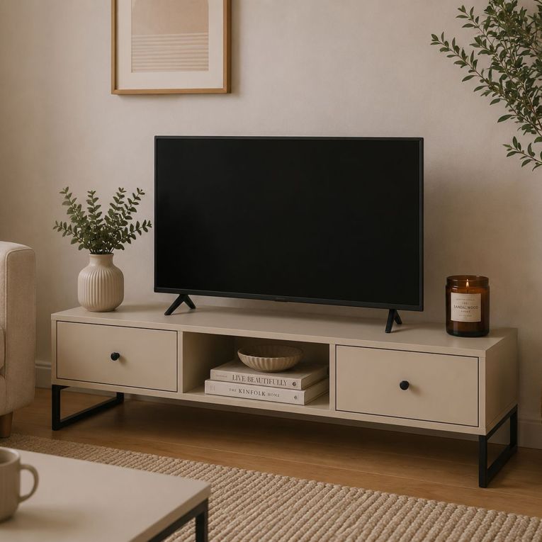 Mobile Porta tv Beige Nero 2 Cassetti 2 Ripiani 115x33x43h cm, con Piedini - Lilito