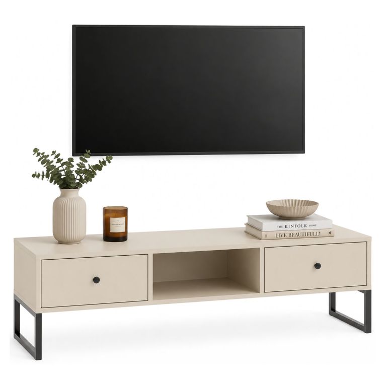 Mobile Porta tv Beige Nero 2 Cassetti 2 Ripiani 115x33x43h cm, con Piedini - Lilito