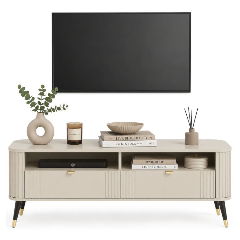 Mobile Porta tv Beige Nero 2 Cassetti 3 Ripiani 138x40x53h cm, Ante Effetto Rigato - Limefa