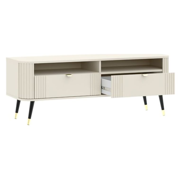 Mobile Porta tv Beige Nero 2 Cassetti 3 Ripiani 138x40x53h cm, Ante Effetto Rigato - Limefa