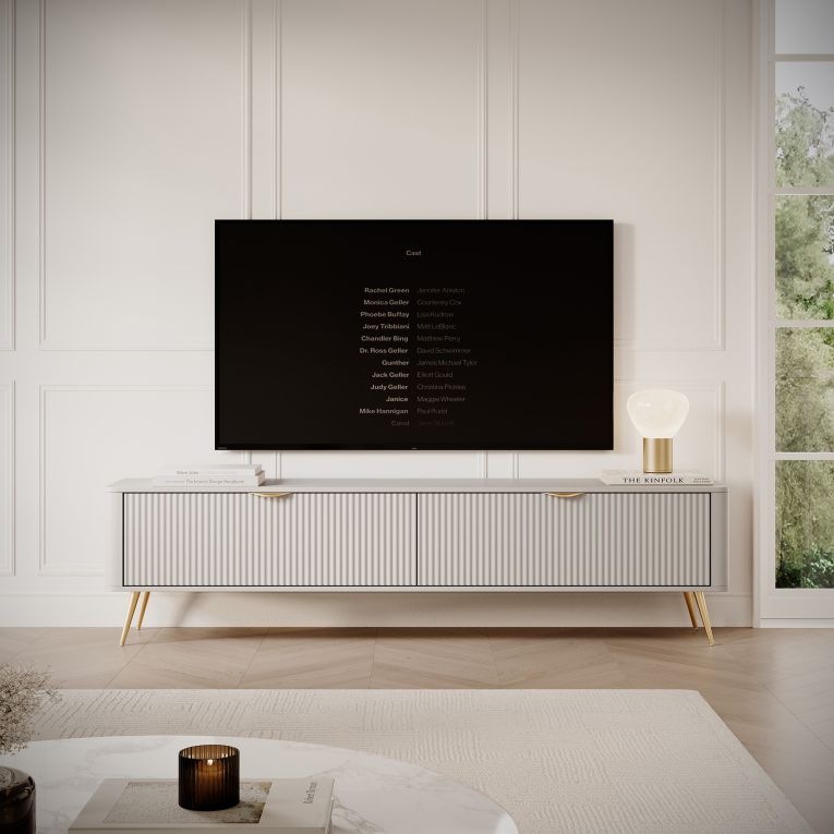 Mobile Porta tv Beige oro un Ripiano 2 Ante 200x38x51h cm, Ante Effetto Rigato con Piedini - Kala