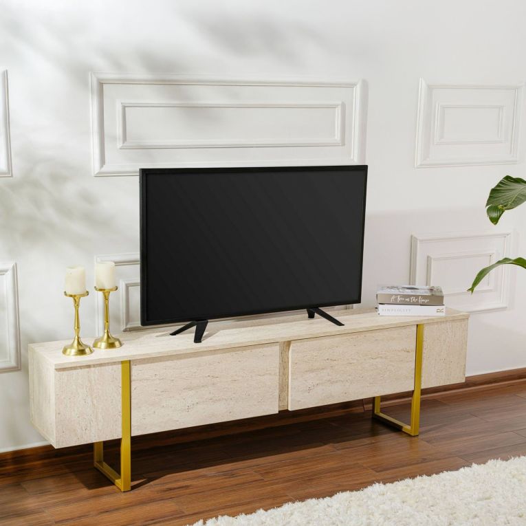 Mobile Porta tv Beige oro un Ripiano Apertura a Ribalta 180x30x50h cm, 2 Ante - Lilith