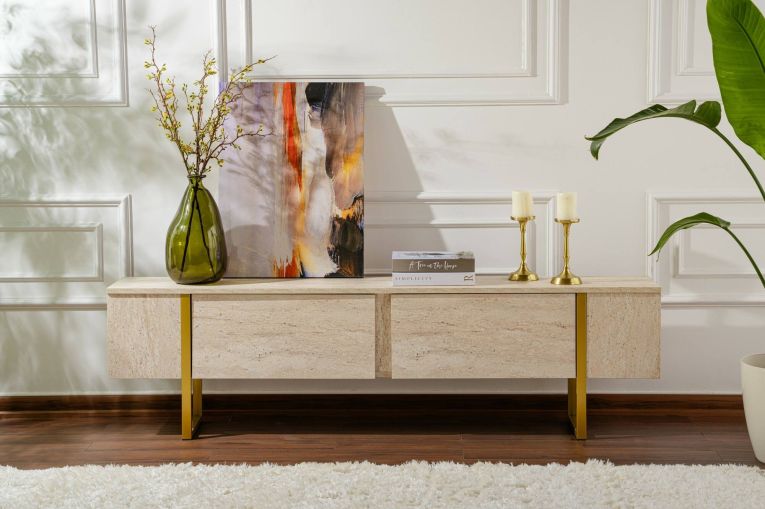 Mobile Porta tv Beige oro un Ripiano Apertura a Ribalta 180x30x50h cm, 2 Ante - Lilith